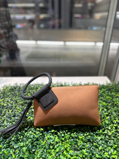 Faux Suede Cuff Handle Tassel Wristlet/Clutch