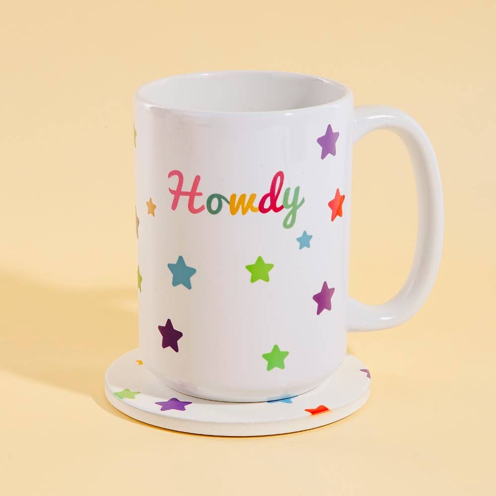Western Howdy And Stars 15 Oz Mug With Matching Coaster Gift