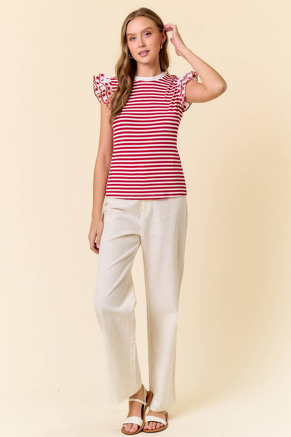 LACE RUFFLE CAP SLEEVE STRIPED RIB TOP - 44895T
