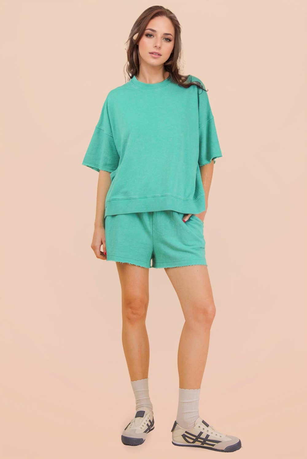 PLUS SIZE Mineral Washed Knit Casual Top & Shorts