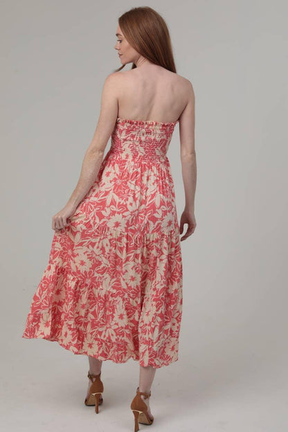 Strapless Floral Print Midi Dress