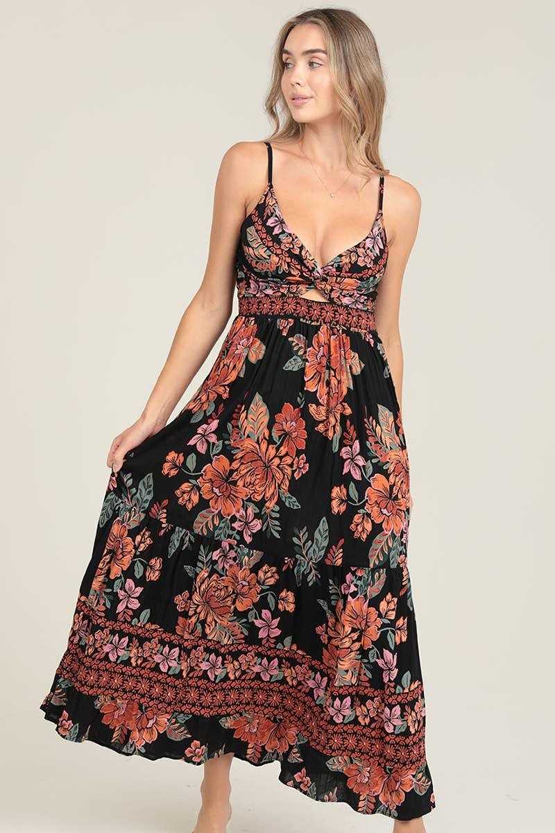 V NECK TWIST FRONT CUT OUT MAXI DRESS - Southern Sassy Boutique