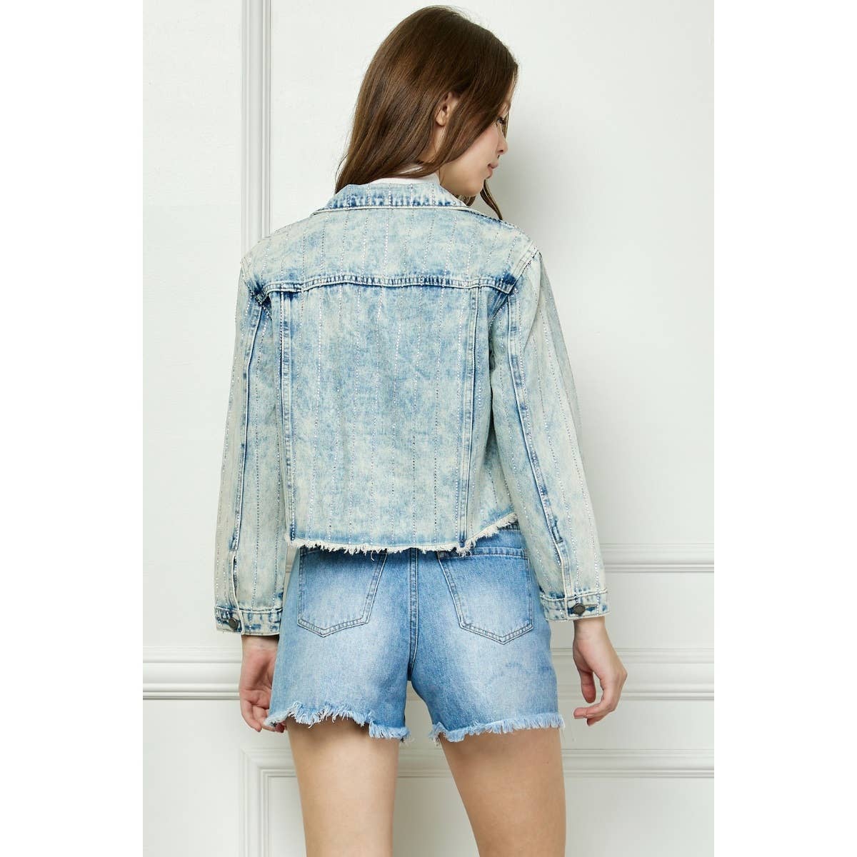 Stripe Rhinestone Distressed Color Denim Jacket - Southern Sassy Boutique