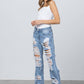 High Rise Heavy Destroyed Frayed Hem Straight Jeans