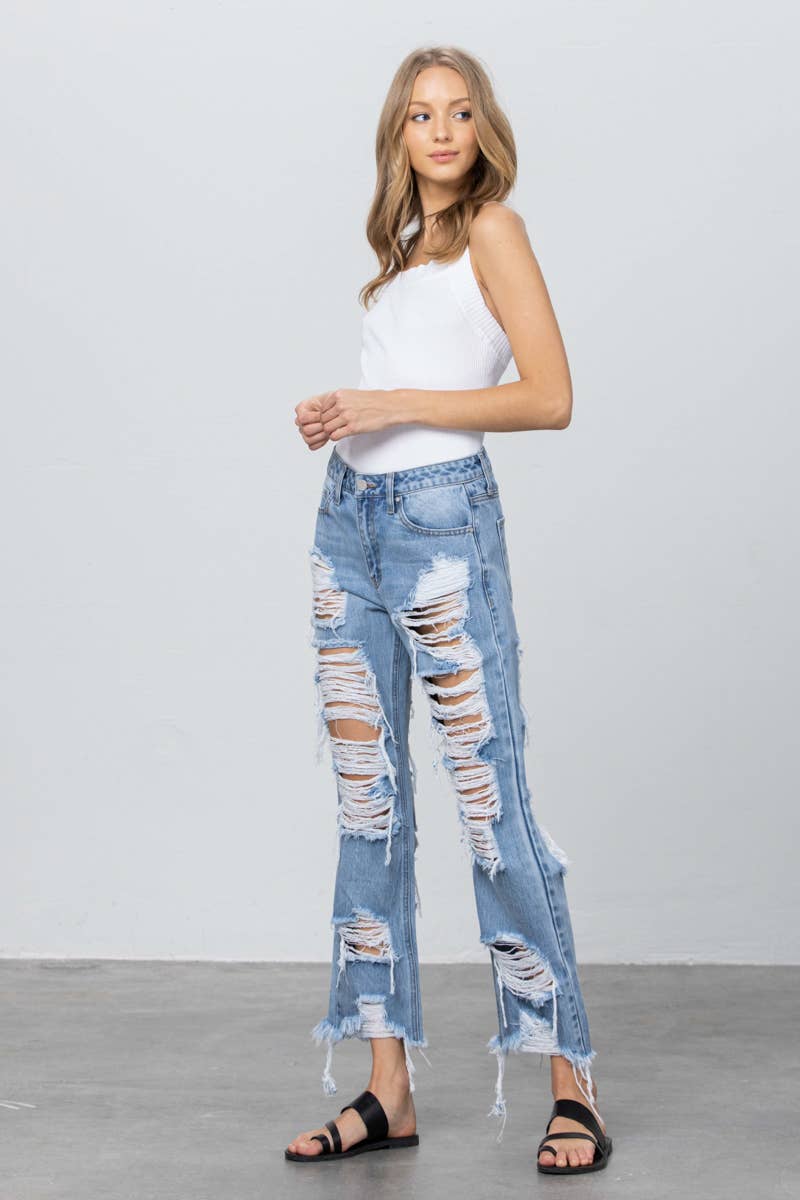 High Rise Heavy Destroyed Frayed Hem Straight Jeans