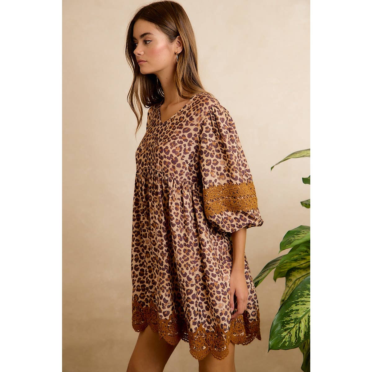 Leopard V-Neck Dress with Lace Trim