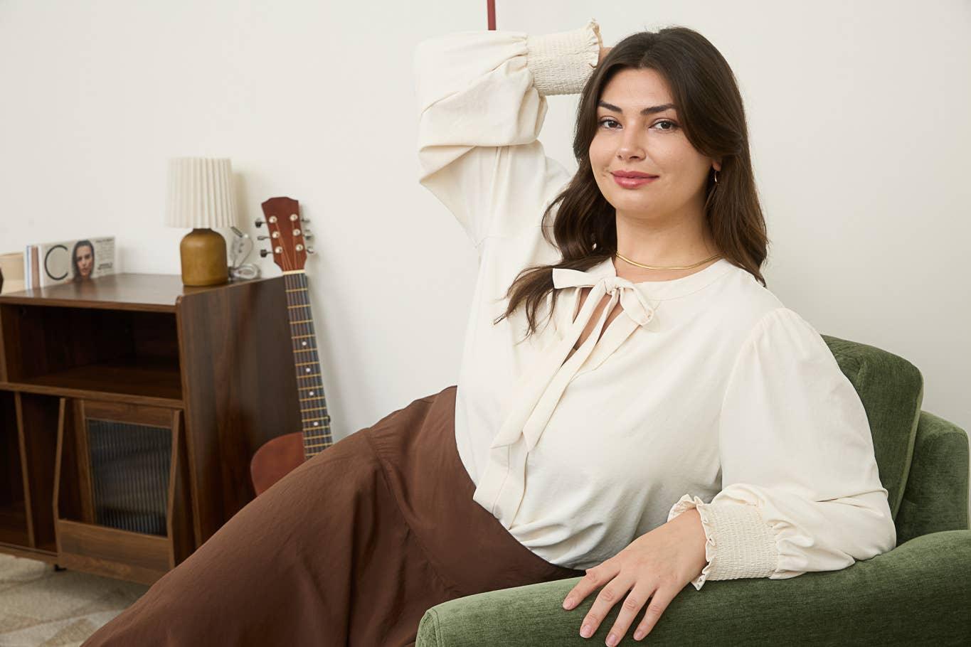 PLUS NECK CUFF TOPKTIE LONG SLEEVE WITH SMOCKED CUFF TOP - Southern Sassy Boutique