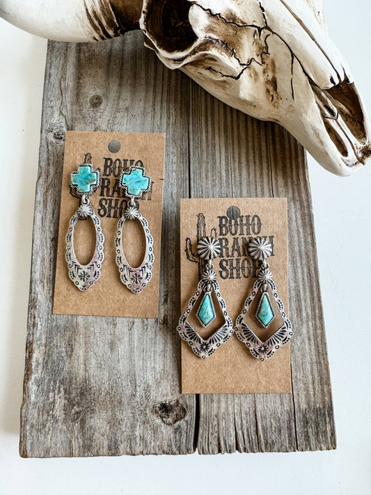 Western Aztec Cross Stone Stud Earrings