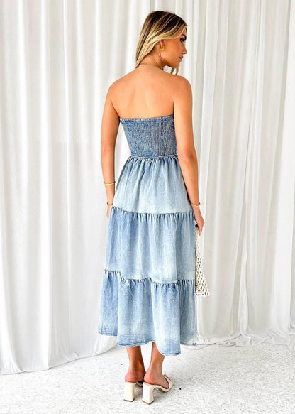 Off-Shoulder Hem Slit Jean Dress - Southern Sassy Boutique