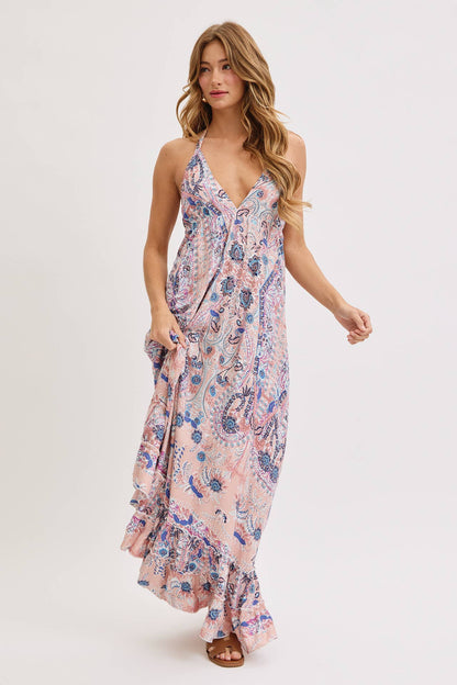 Bohemian Floral Print Halter Maxi Dress