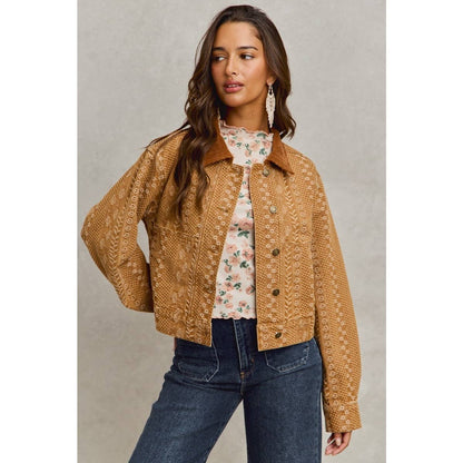 Floral Pattern Twill Corduroy Collar Denim Jacket