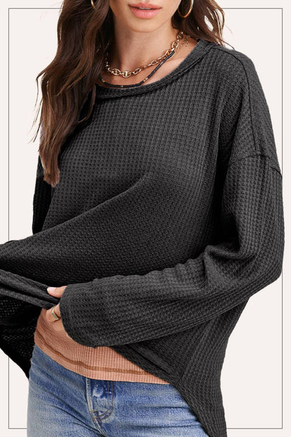 Brushed Waffle Fabric Loose Fit Long Sleeve Top - Southern Sassy Boutique
