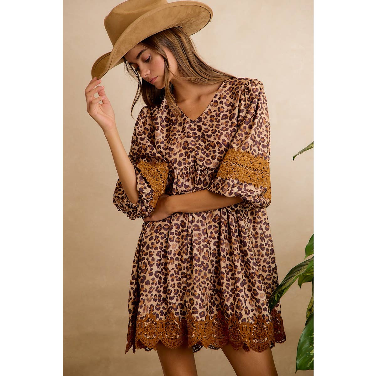 Leopard V-Neck Dress with Lace Trim