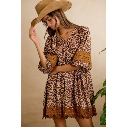 Leopard V-Neck Dress with Lace Trim