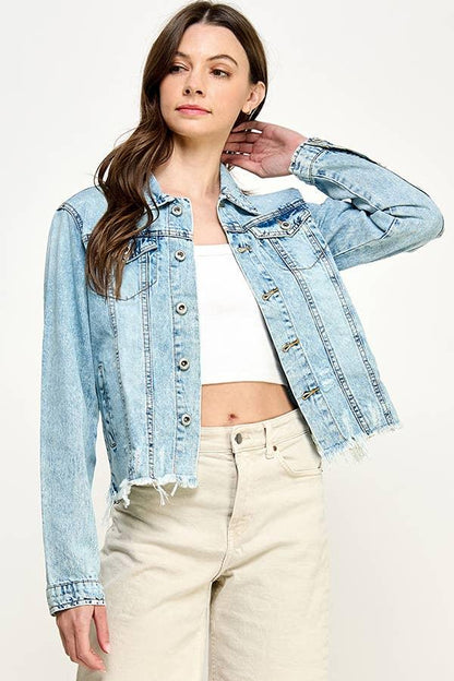 Cropcut Denim Jacket with Distressed - Southern Sassy Boutique