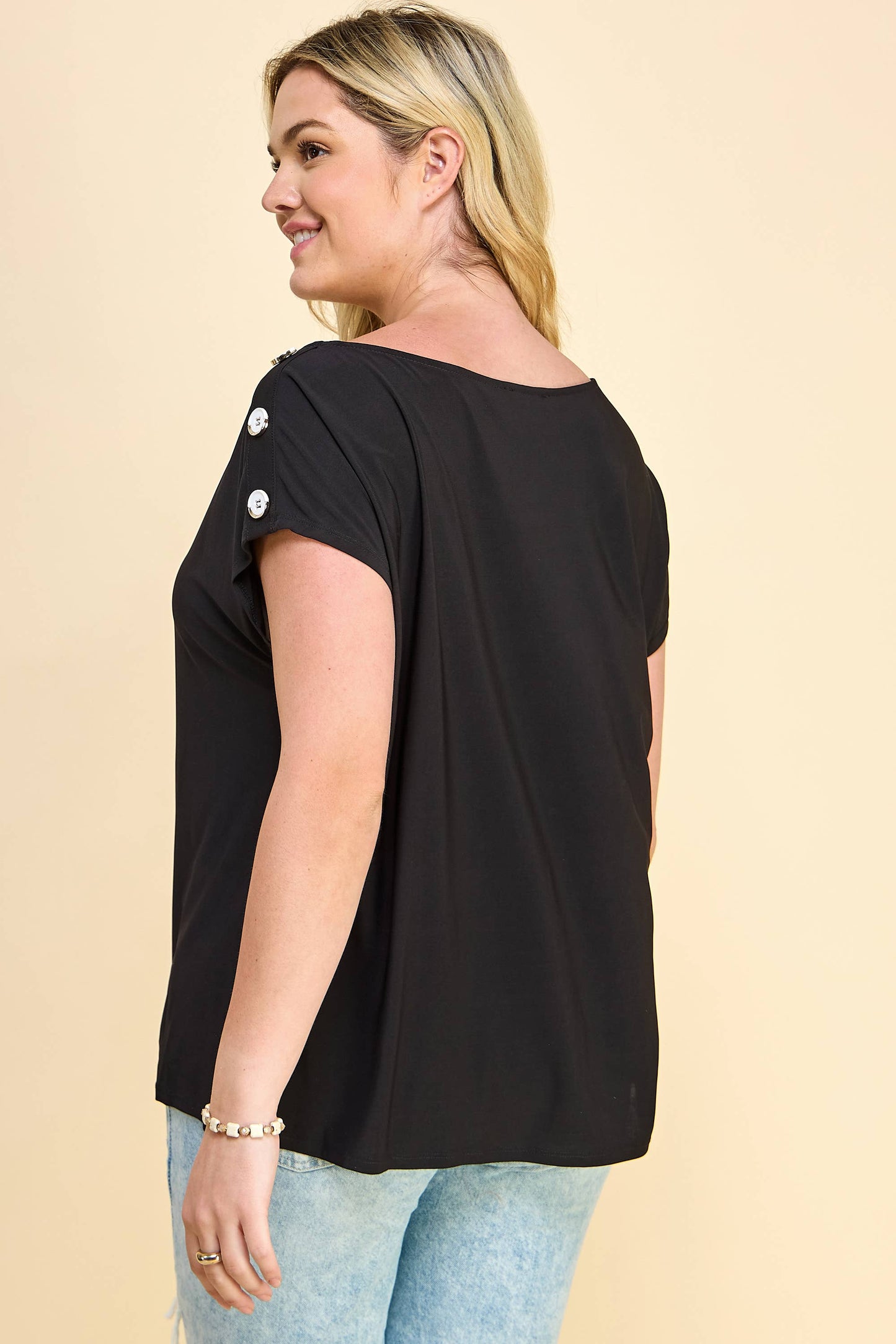 Curvy Short Sleeve Top with Shoulder Buttons