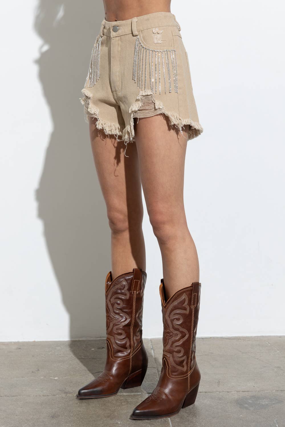 Distressed Frayed Detail Fringe Rhinestone Denim