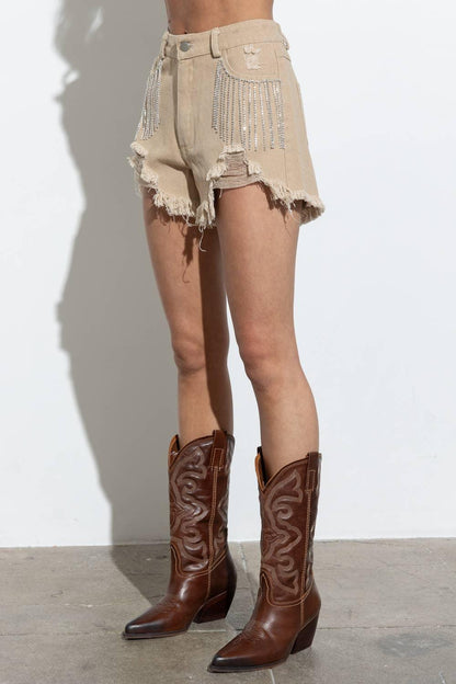 Distressed Frayed Detail Fringe Rhinestone Denim - Southern Sassy Boutique
