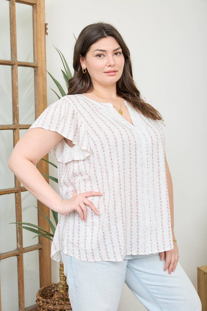 PLUS STRIPE FLORAL GARLAND RUFFLE SLEEVE TOP