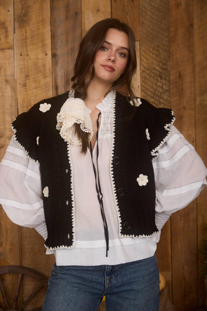CROCHET FLORAL DETAIL RUFFLED KNIT CARDIGAN - Southern Sassy Boutique