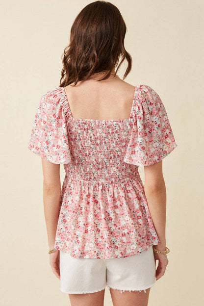 Floral Ruffle Sleeve Smocked Peplum