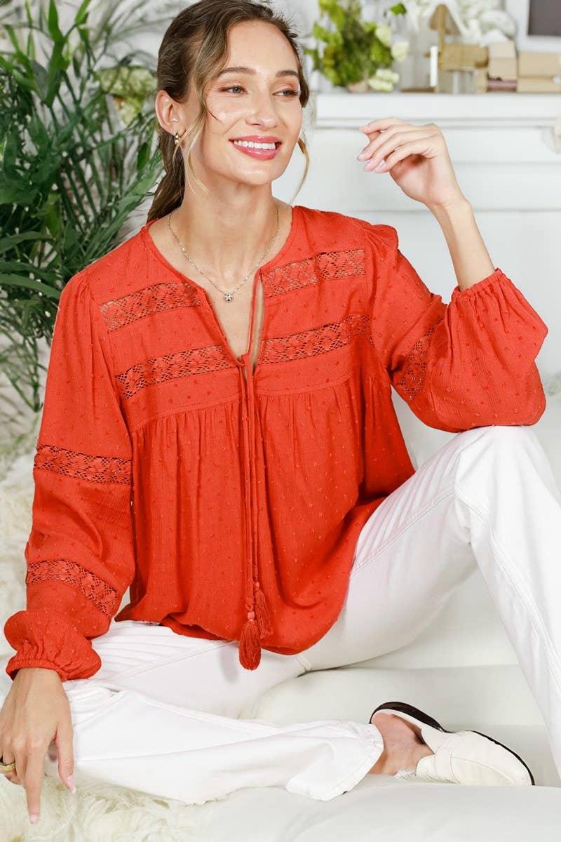 Lace Trim Swiss Dot Rayon Gauze Tassel Tie Neck Top VT82515- - Southern Sassy Boutique