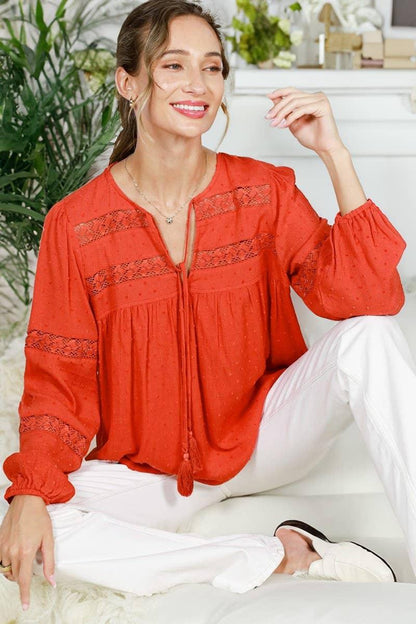 Lace Trim Swiss Dot Rayon Gauze Tassel Tie Neck Top VT82515- - Southern Sassy Boutique