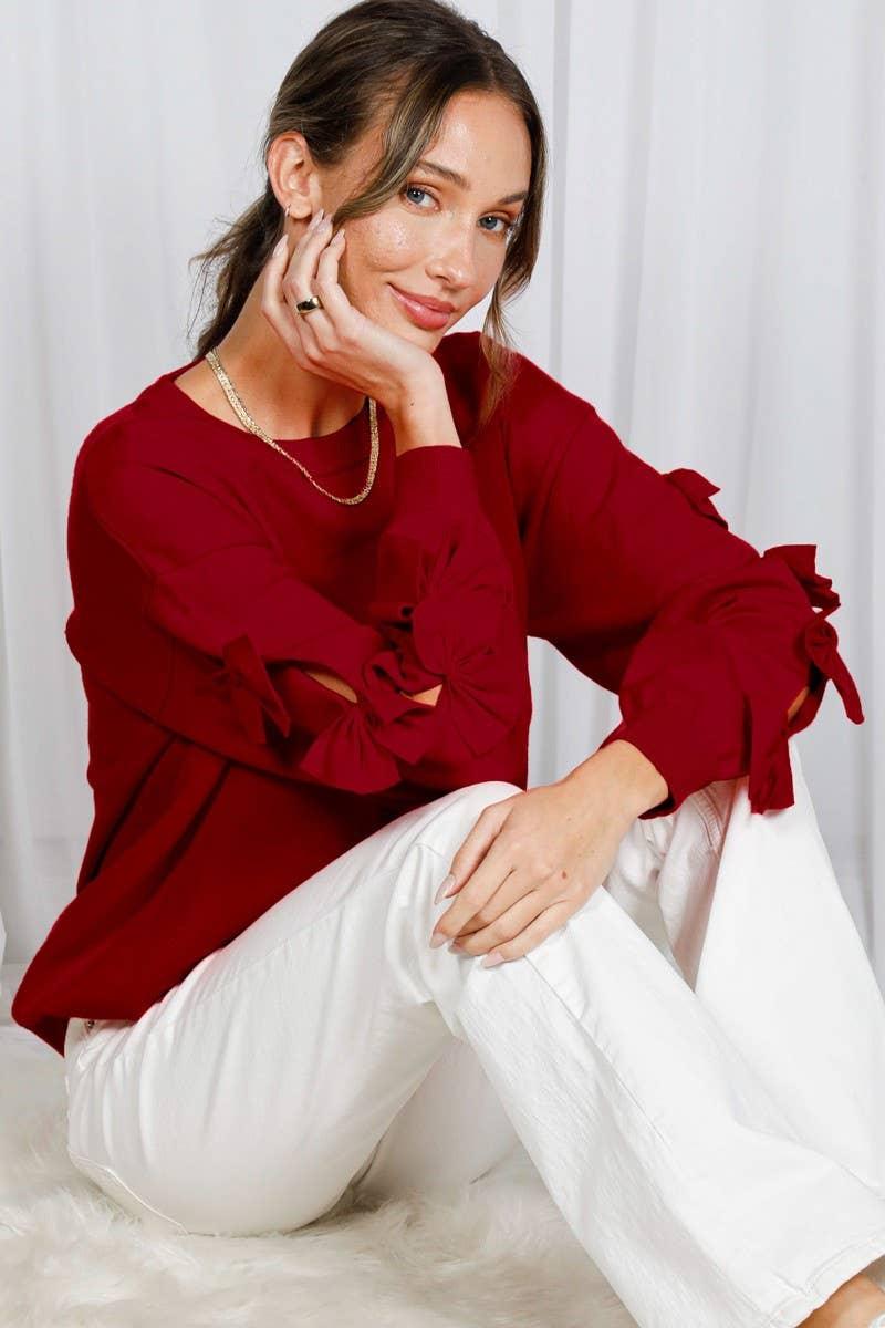 Bow Embellished Long-Sleeve Crew Neck Knit Sweater VT82605- - Southern Sassy Boutique