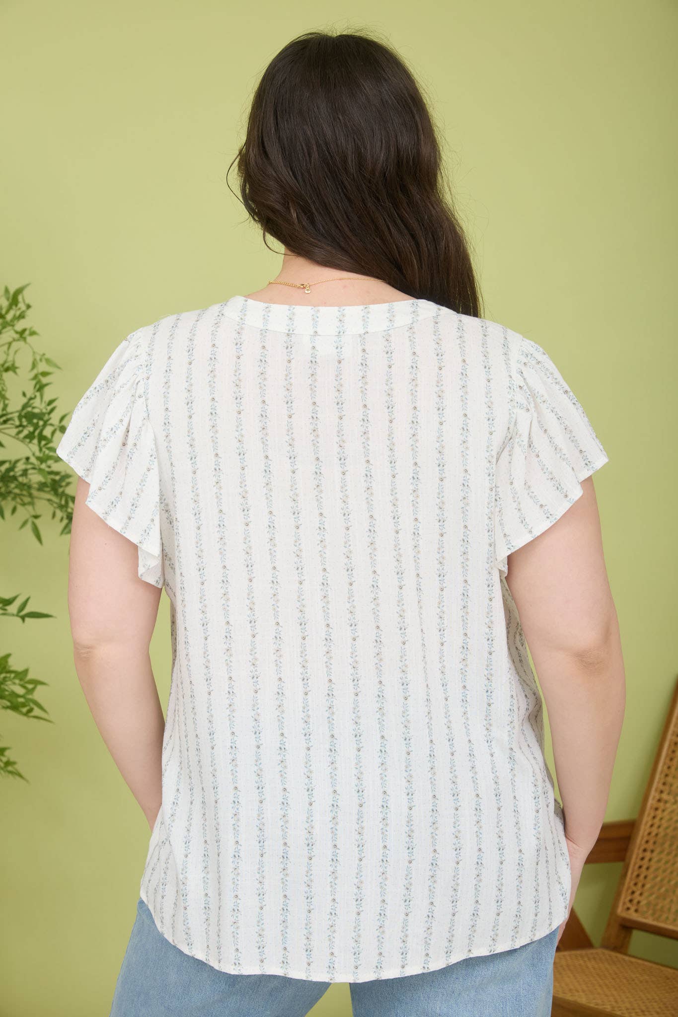 PLUS STRIPE FLORAL GARLAND RUFFLE SLEEVE TOP