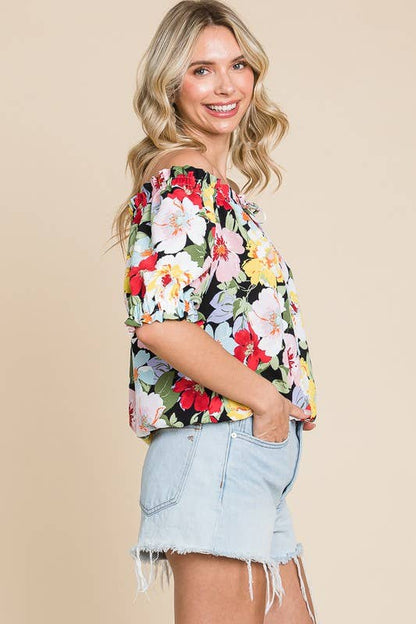 Curvy Of Shoulder Floral Top with Puff Sleeves