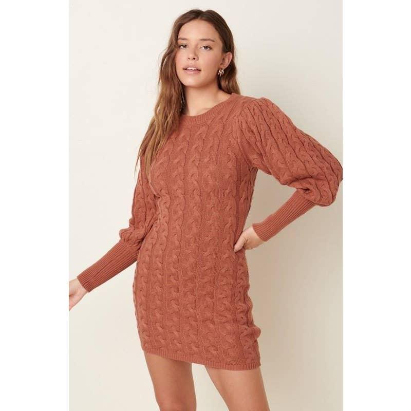 CABLE DETAIL PUFFSLEEVE SWEATER DRESS - Southern Sassy Boutique