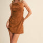 SUEDE SIDE LACE UP SLEEVELESS BOAT NECK MINI DRESS