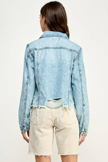 Cropcut Denim Jacket with Distressed - Southern Sassy Boutique