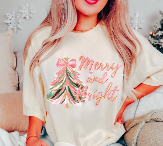 Merry & Bright Faux Glitter Christmas Tree Graphic Tee    - Southern Sassy Boutique