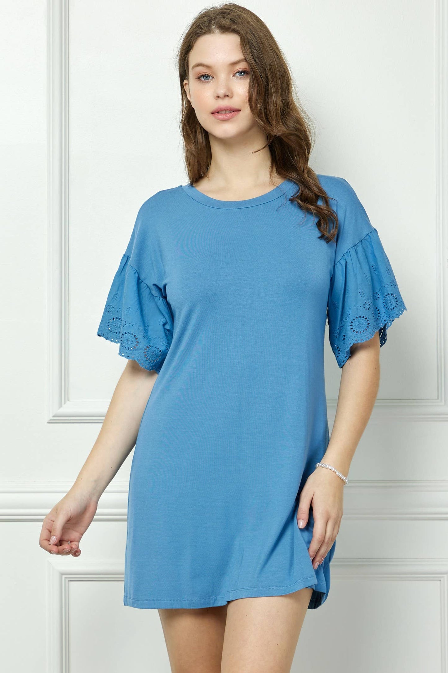 Eyelet Ruffle Sleeve Mini Dress
