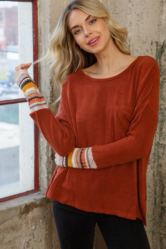 Knit Crew Neck Top Contrast Detail
