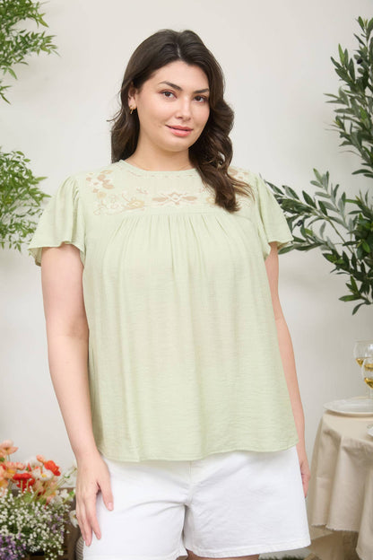 PLUS FLORAL EMBROIDERY DETAIL FLOUNCE SLEEVE TOP