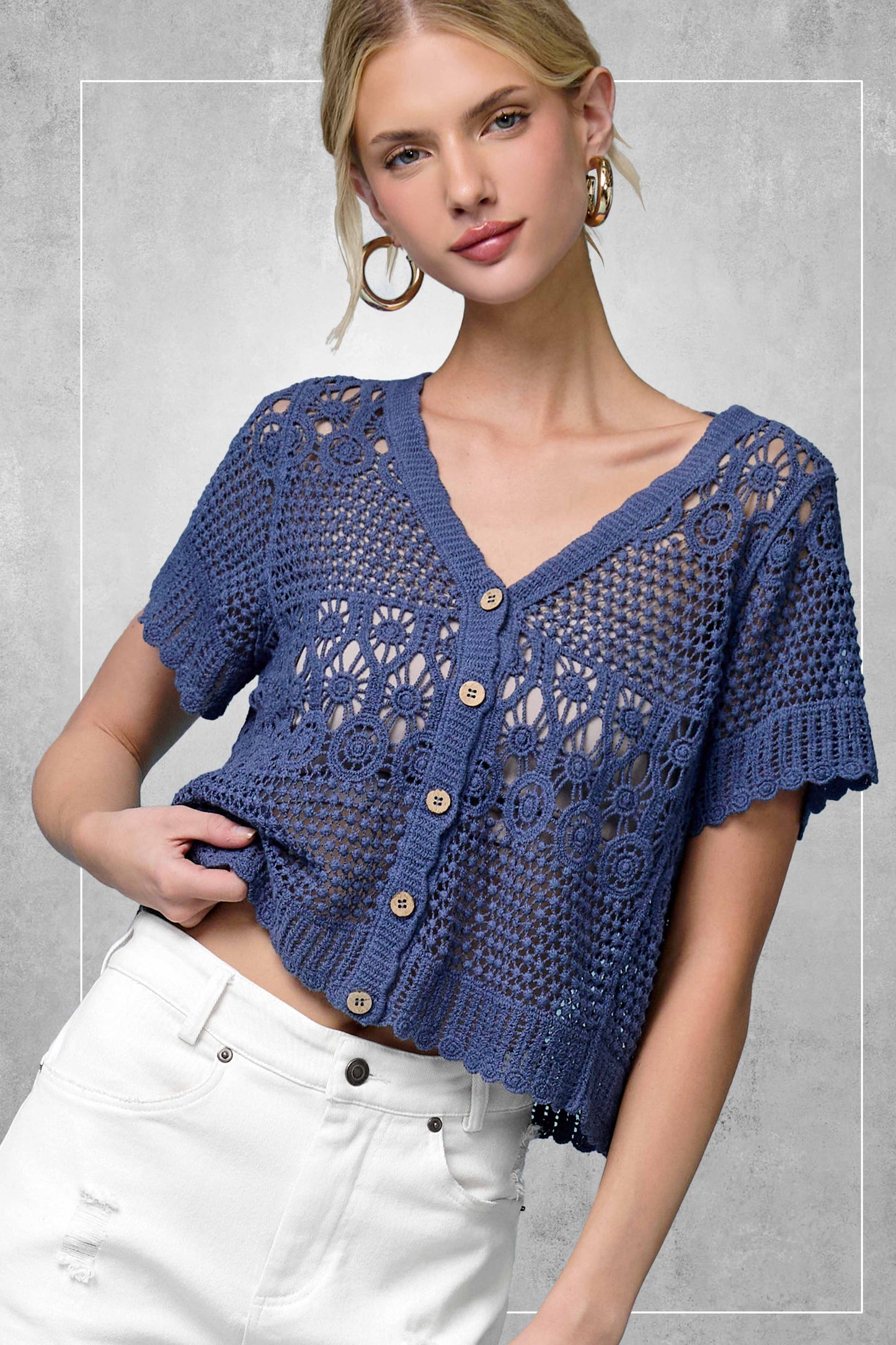Open Knit Scallop Edge Button Down Cardigan