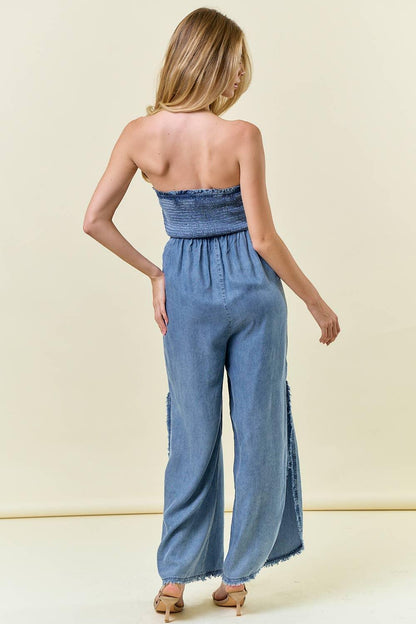 Smocked Strapless Jumpsuit W/Frayed detail - Southern Sassy Boutique