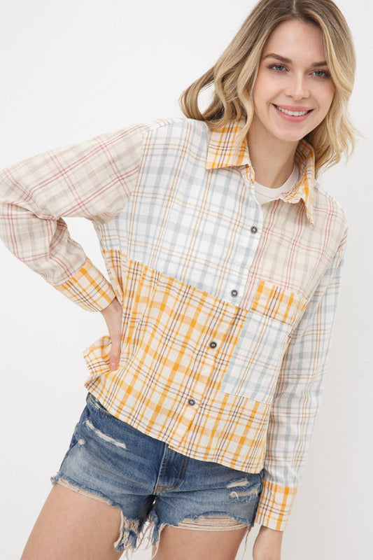 Mix Plaid Pocket Front Button Up Crop Shirt