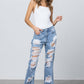 High Rise Heavy Destroyed Frayed Hem Straight Jeans