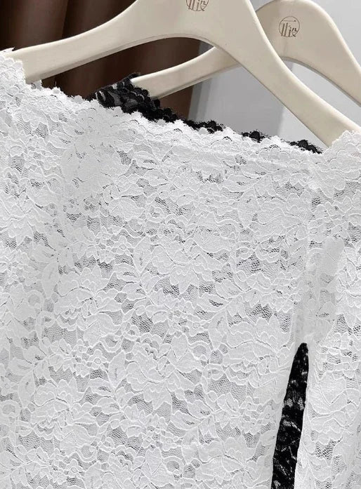 Off the shoulder Sheer Mesh Floral Lace Layering fitted Top - Southern Sassy Boutique