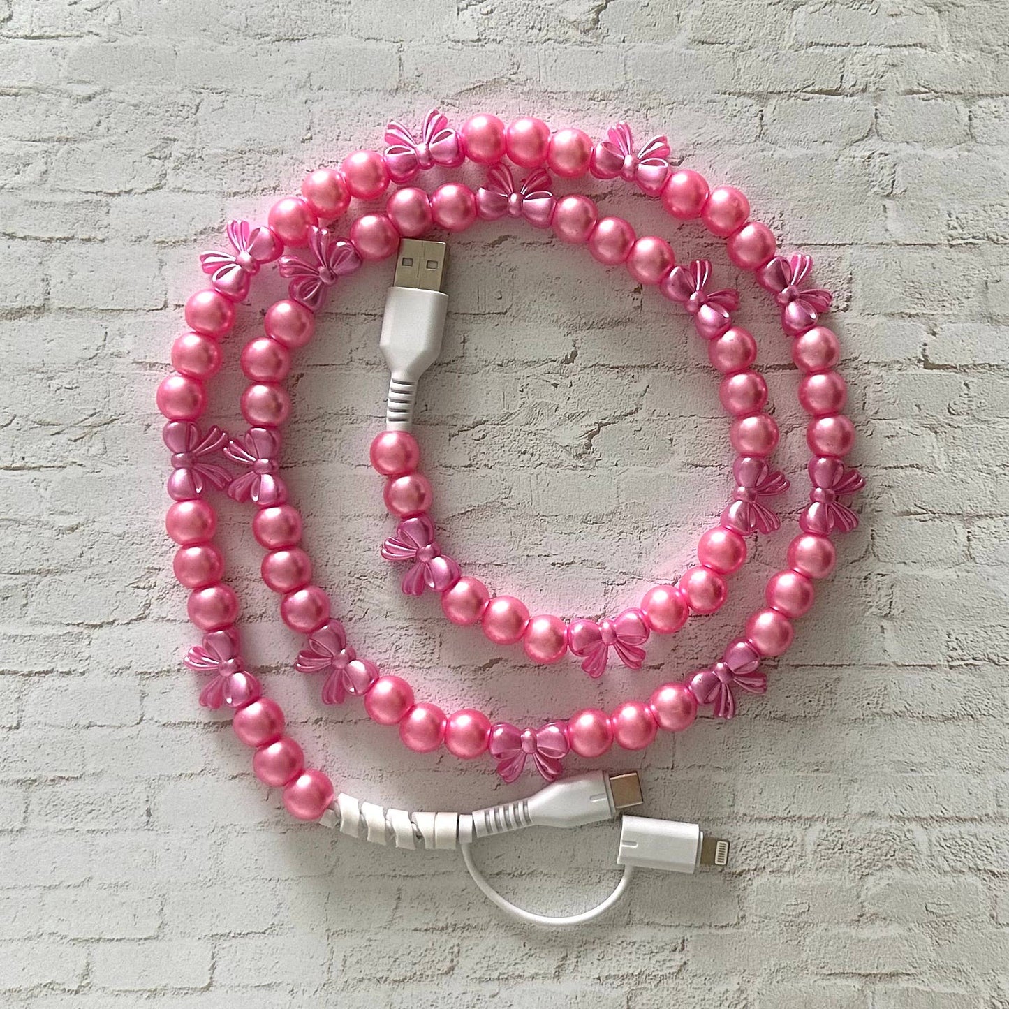 Beaded Phone Charging Cable 2 in 1 USB-C Cord Pink Bow