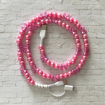 Beaded Phone Charging Cable 2 in 1 USB-C Cord Pink Bow