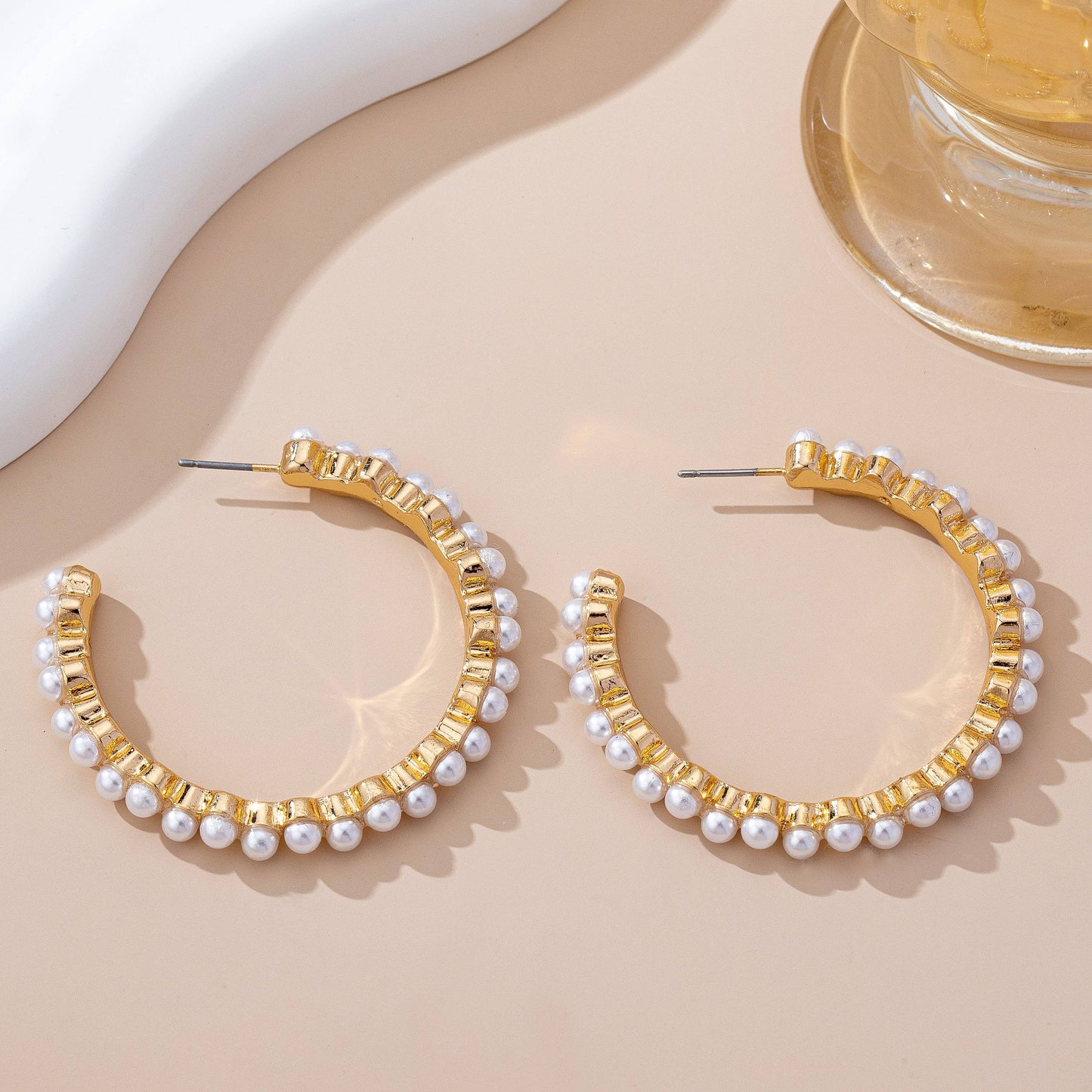 Pearl-Embellished Gold Hoop Earrings