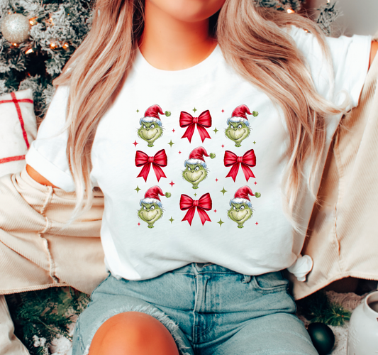 Grinch Coquette Bows Graphic Tee Christmas  - Southern Sassy Boutique