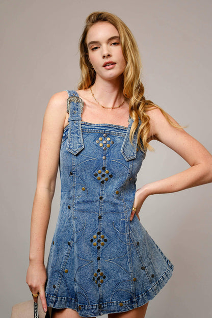 Studded Western Buckle Stretch Denim Dress - Southern Sassy Boutique