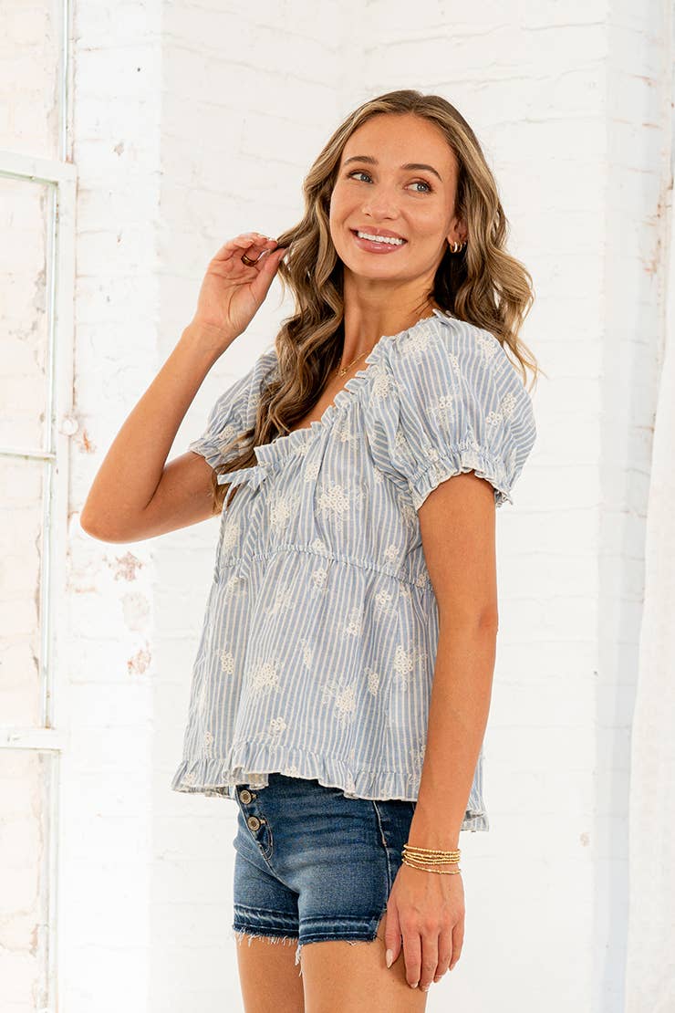 Relaxed Fit Embroidered Ruffle Stripe Top