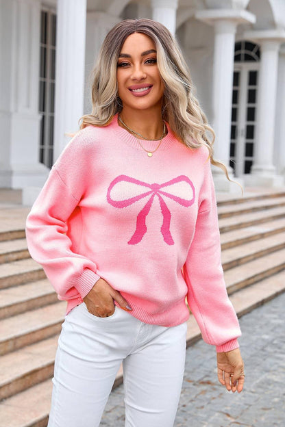 Ribbon Bow Print Soft Knit Sweater - Southern Sassy Boutique