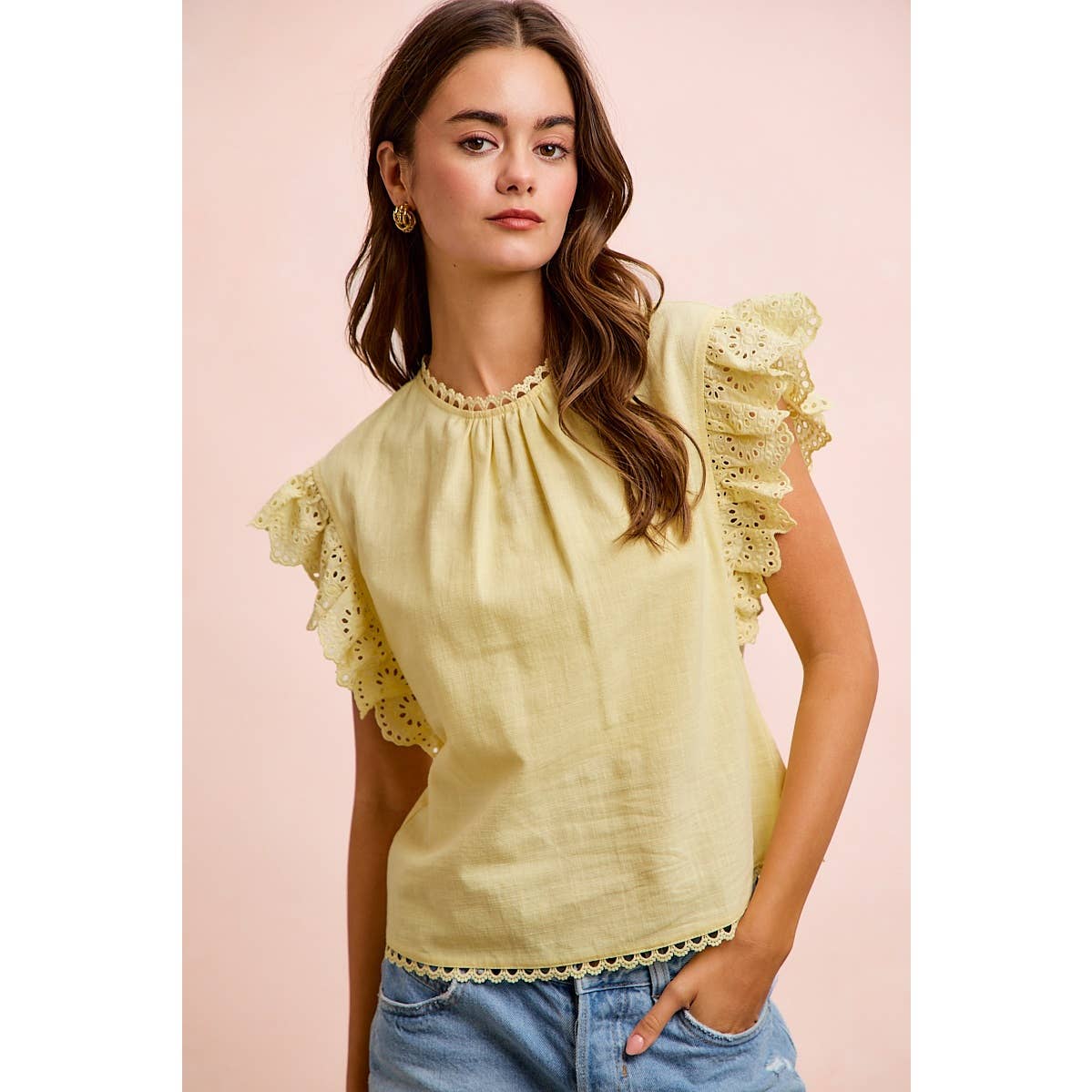 COTTON SOLID RUFFLE SLEEVE LACE DETAIL BLOUSE TOP